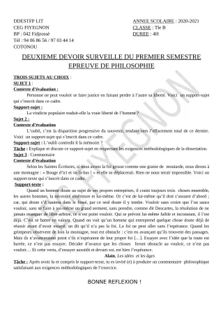 Première page de Philosophie Tle B — 2e devoir surveillé, 1er semestre (2020-2021) · CEG FIYEGNON