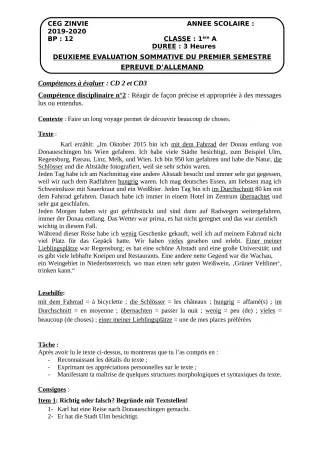 Première page de Allemand 1ère A — 2e évaluation sommative, 1er semestre (2019-2020) · CEG Zinvié