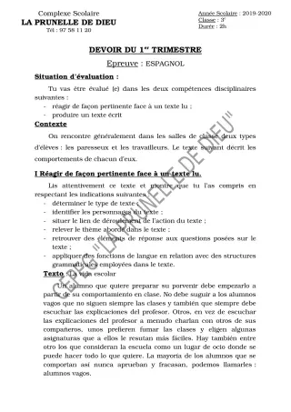 Première page de Espagnol 3e ML — Devoir surveillé, 1er trimestre (2019-2020) · CEPG La Prunelle de Dieu