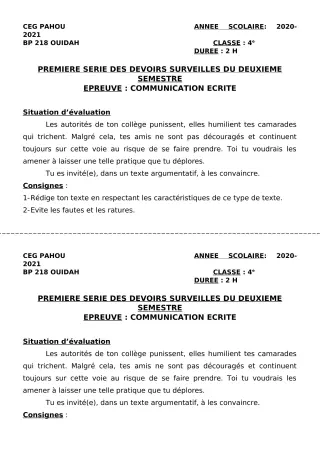 Première page de Français 4e — 1er devoir surveillé, 2e semestre (2020-2021) · CEG PAHOU