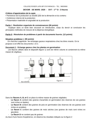 Première page de SVT 1ère D — Devoir surveillé (2019-2020) · CPEG Roger LAFIA
