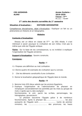 Première page de Histoire-Géographie 5e — 1er devoir surveillé, 1er semestre (2019-2020) · CEG AZOHOUE-ALIHO