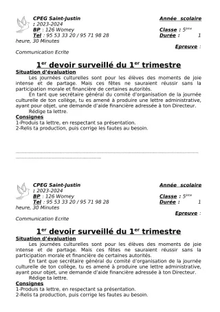 Première page de Français 6e — 1er devoir surveillé, 1er trimestre (2023-2024) · CPEG SAINT Justin