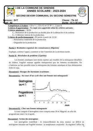 Première page de SVT Tle A2 — 2e devoir surveillé, 2e semestre (2023-2024) · CEG SEKERE