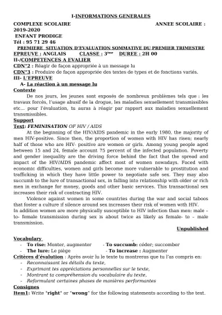 Première page de Anglais 3e, 3e ML — Évaluation sommative, 1er trimestre (2019-2020) · CPEG ENFANT PRODIGE