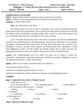 Première page de Allemand 2nde A1, 2nde A2, 1ère A1, 1ère A2, Tle A1, Tle A2 — 2e devoir surveillé, 1er semestre (2019-2020) · CEG Hubert C. MAGA