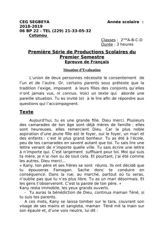 Première page de Français 6e, 4e, 4e ML, 2nde A & B, 2nde C, 2nde D, 1ère A, 1ère A1, 1ère A2, 1ère B, 1ère C, 1ère D — 1re production scolaire, 1er semestre (2018-2019) · CEG SEGBEYA