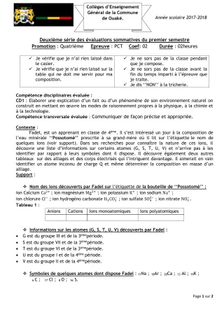 Première page de PCT 4e — 2e évaluation sommative, 1er semestre (2017-2018) · CEG C.P de Dompago