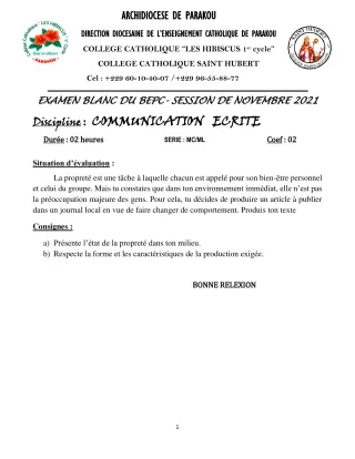 Première page de Examen Blanc de FRANCAIS — 3e — Hibiscus 1er cycle (2021)