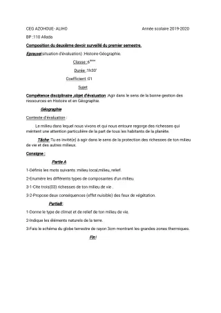 Première page de Histoire-Géographie 6e — 2e devoir surveillé, 1er semestre (2019-2020) · CEG AZOHOUE-ALIHO
