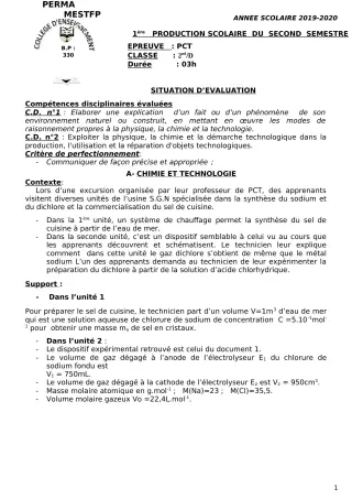 Première page de PCT 6e, 5e, 4e, 3e, 2nde D, 1ère D, Tle D — 1re production scolaire, 2e semestre (2019-2020) · CEG Perma