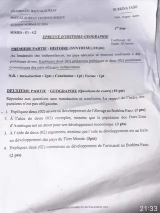 Première page de Sujet BAC 2024 histoire-géographie série g1-g2