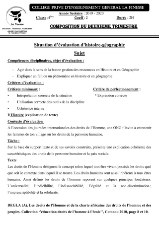 Première page de Histoire-Géographie 4e — Composition, 2e trimestre (2019-2020) · CPEG La Finesse