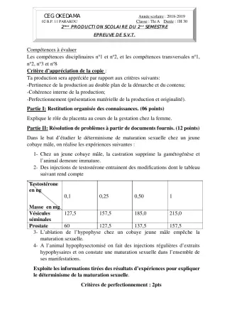 Première page de SVT Tle A1, Tle A2 — 2e production scolaire, 2e semestre (2018-2019) · CEG OKEDAMA