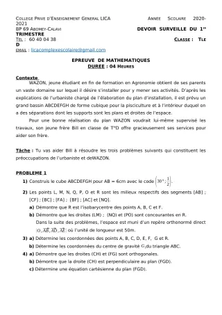 Première page de Mathématiques Tle C, Tle D — Devoir surveillé, 1er trimestre (2020-2021) · CPEG LICA