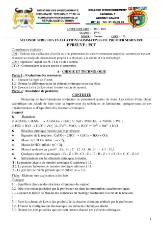 Première page de PCT 2nde C — 2e évaluation sommative, 1er semestre (2021-2022) · CEG1 Abomey-Calavi