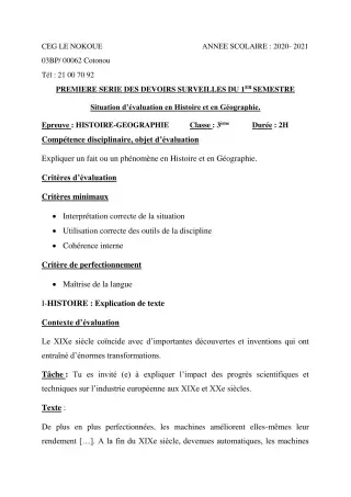 Première page de Histoire-Géographie 3e, 3e ML — 1er devoir surveillé, 1er semestre (2020-2021) · CEG LE NOKOUE