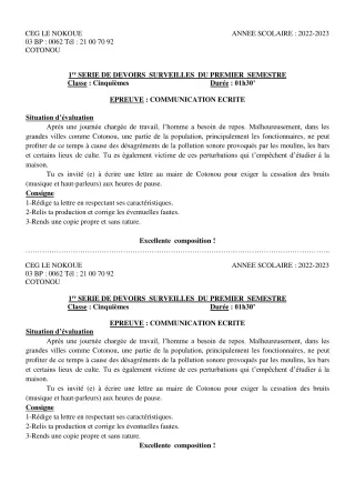 Première page de Français 5e — 1er devoir surveillé, 1er semestre (2022-2023) · CEG LE NOKOUE