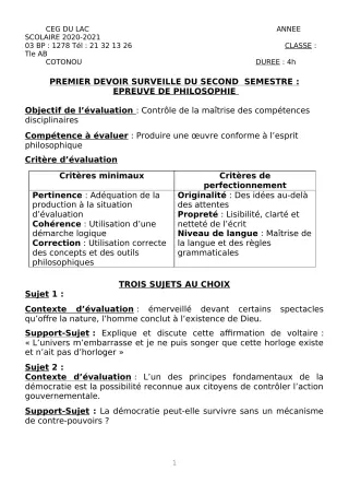 Première page de Philosophie Tle A2, Tle B — 1er devoir surveillé, 2e semestre (2020-2021) · CEG du Lac
