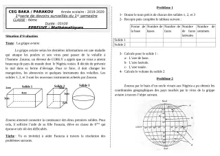 Première page de Mathématiques 6e — 1er devoir surveillé, 1er semestre (2019-2020) · CEG BAKA