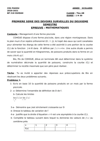 Première page de Mathématiques Tle A1, Tle A2, Tle B — 1er devoir surveillé, 2e semestre (2020-2021) · CEG PAHOU