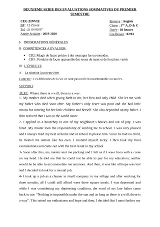 Première page de Anglais 1ère A, 1ère C, 1ère D — 2e évaluation sommative, 1er semestre (2019-2020) · CEG Zinvié