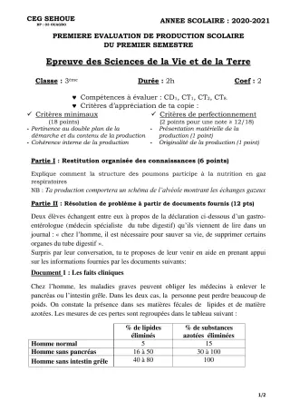 Première page de SVT 3e, 3e ML — 1re production scolaire, 1er semestre (2020-2021) · CEG SEHOUE