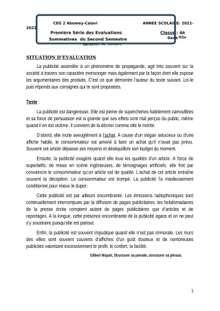 Première page de Français 4e — 1re évaluation sommative, 2e semestre (2021-2022) · CEG2 ABOMEY - CALAVI (CEG ZOCA)