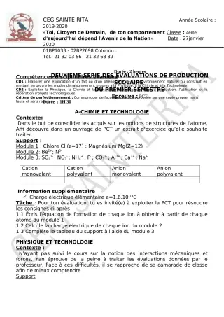 Première page de PCT 4e — Évaluation sommative, 1er semestre (2019-2020) · CEG Sainte Rita
