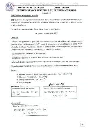 Première page de PCT 2nde D — 1er devoir surveillé, 1er semestre (2019-2020) · CEG ADJOVICODJI 'LES OLIVIERS'
