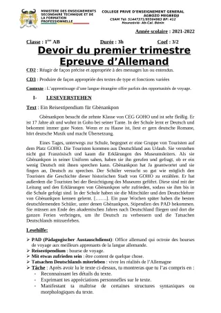 Première page de Allemand 4e, 3e ML, 2nde A2, 2nde B, 1ère A2, 1ère B, Tle A2, Tle B — 2e devoir surveillé, 1er trimestre (2021-2022) · CPEG AGBOZO MEGBEDJI