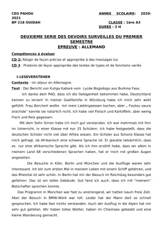 Première page de Allemand 1ère A1, 1ère A2, 1ère B — 2e devoir surveillé, 1er semestre (2020-2021) · CEG PAHOU