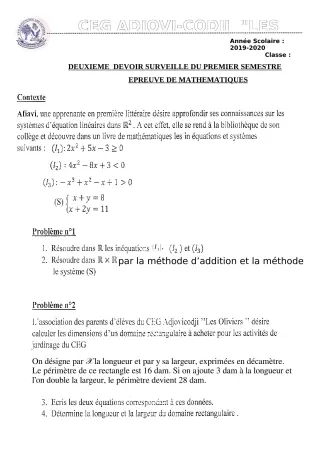 Première page de Mathématiques 1ère B — 2e devoir surveillé, 1er semestre (2019-2020) · CEG ADJOVICODJI 'LES OLIVIERS'
