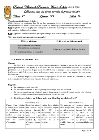 Première page de PCT 3e — 2e devoir surveillé, 1er semestre (2019-2020) · PMB