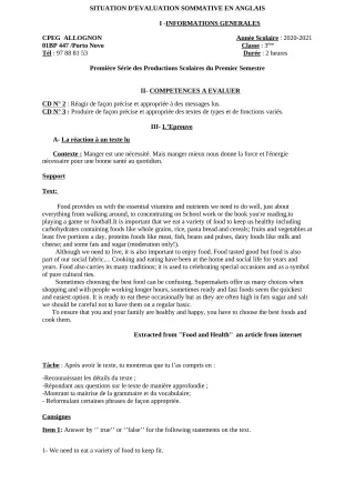 Première page de Anglais 3e — Évaluation sommative, 1er semestre (2020-2021) · CPEG ALLOGNON