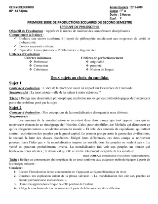 Première page de Philosophie 1ère A, 1ère D — 1re production scolaire, 2e semestre (2018-2019) · CEG Mèdédjonou