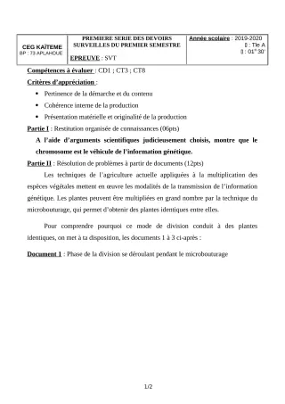 Première page de SVT Tle A2 — 1er devoir surveillé, 1er semestre (2019-2020) · CEG Kaïtèmè