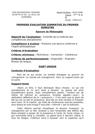 Première page de Philosophie 1ère A1, 1ère A2, 1ère B — 1re évaluation sommative, 1er semestre (2019-2020) · CEG Kouhounou-Vêdoko
