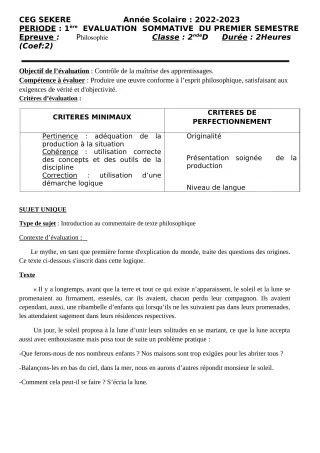 Première page de Philosophie 2nde D — 1re évaluation sommative, 1er semestre (2022-2023) · CEG SEKERE