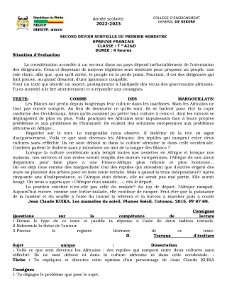 Première page de Français Tle A2, Tle D — 2e devoir surveillé, 1er semestre (2022-2023) · CEG SEKERE