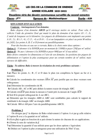 Première page de Mathématiques 3e — 2e devoir surveillé, 2e semestre (2021-2022) · CEG SEKERE
