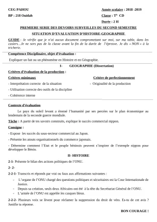 Première page de Histoire-Géographie Tle C, Tle D — 1er devoir surveillé, 2e semestre (2018-2019) · CEG PAHOU