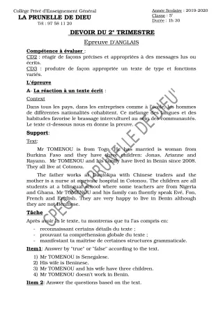 Première page de Anglais 5e — Devoir surveillé, 2e trimestre (2019-2020) · CEPG La Prunelle de Dieu