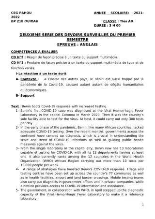 Première page de Anglais Tle A2, Tle B — 2e devoir surveillé, 1er semestre (2021-2022) · CEG PAHOU