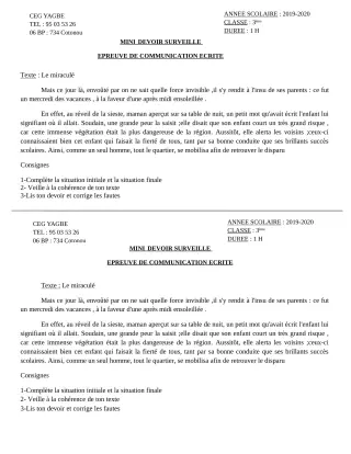 Première page de Français 3e, 3e ML — 1er devoir surveillé (2019-2020) · CEG Yagbe