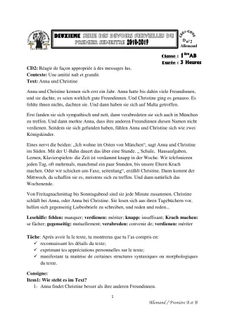 Première page de Allemand 1ère A1, 1ère A2, 1ère B — Devoir surveillé, 1er semestre (2018-2019) · CEG1 Covè