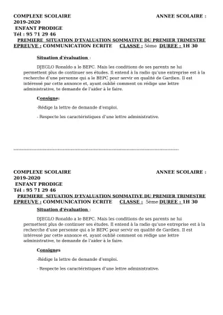 Première page de Français 5e — Évaluation sommative, 1er trimestre (2019-2020) · CPEG ENFANT PRODIGE