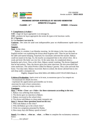 Première page de Anglais 4e — 1er devoir surveillé, 2e semestre (2022-2023) · CEG SEKERE