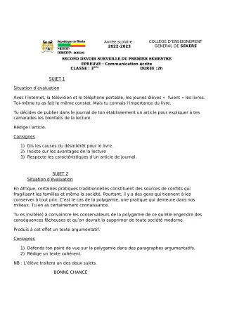 Première page de Français 3e — 2e devoir surveillé, 1er semestre (2022-2023) · CEG SEKERE