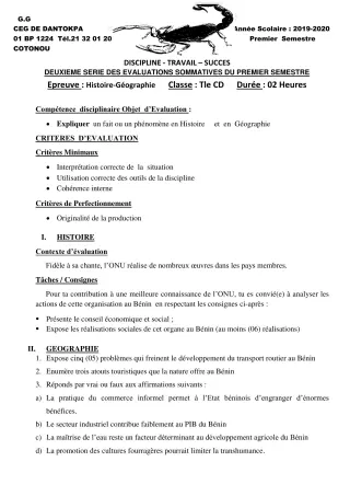 Première page de Histoire-Géographie Tle C, Tle D — 2e évaluation sommative, 1er semestre (2019-2020) · CEG Dantokpa